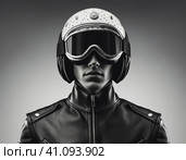 Biker in a modern helmet. Стоковое AI-изображение, AI-художник Кирилл Черезов / Фотобанк Лори
