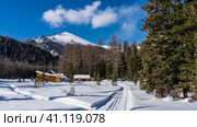 The roads are trampled in snowdrifts. Tire tracks are visible. All around pure white snow. Wooden houses are built on the edge of a coniferous forest. A mountain on a background of blue sky. Altai. Стоковое фото, фотограф Вера Ивановна Кубарева / Фотобанк Лори