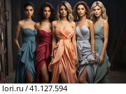 Five young beautiful girls wearing full-length draped slit prom ball gowns decorated with embroidered patterns. Fashion models in dress hire service with many dresses on. bridesmaids at wedding. Стоковое AI-изображение, AI-художник Ирина Михайличенко / Фотобанк Лори