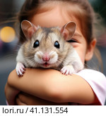Little smiling girl holding a hamster. Стоковое AI-изображение, AI-художник Кирилл Черезов / Фотобанк Лори