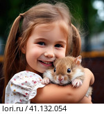 Little smiling girl holding a hamster. Стоковое AI-изображение, AI-художник Кирилл Черезов / Фотобанк Лори