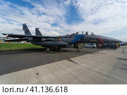 BERLIN, GERMANY - APRIL 25, 2018: Multirole fighter, strike fighter McDonnell Douglas F-15E Strike Eagle. US Air Force. Exhibition ILA Berlin Air Show 2018. Редакционное фото, фотограф Sergey Kohl / Фотобанк Лори