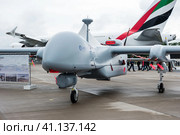 BERLIN, GERMANY - JUNE 01, 2016: Reconnaissance UAV IAI Eitan (Steadfast), also known as Heron TP by the Malat division of Israel Aerospace Industries. Exhibition ILA Berlin Air Show 2016. Редакционное фото, фотограф Sergey Kohl / Фотобанк Лори