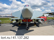 BERLIN, GERMANY - JUNE 02, 2016: Multirole fighter Eurofighter Typhoon. German Air Force (Luftwaffe). Exhibition ILA Berlin Air Show 2016. Редакционное фото, фотограф Sergey Kohl / Фотобанк Лори