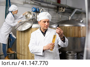 Brewer checks amount of alcohol in beer using an alcoholmeter. Стоковое фото, фотограф Яков Филимонов / Фотобанк Лори