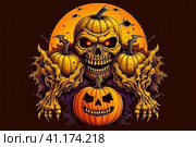 Monster pumpkin halloween design. Logo with skull and scary pumpkin. Стоковое фото, фотограф Константин Григорьев / Фотобанк Лори