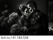 El Dia de Muertos black and white photo of a couple with painted faces of the dead. Стоковое AI-изображение, AI-художник Поликарпов Владимир Владимирович / Фотобанк Лори