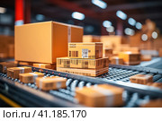Cardboard boxes, parcels on a conveyor belt at the post office. Стоковое AI-изображение, AI-художник Юрий Поздников / Фотобанк Лори