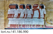 Replica of fresco - Cortege pulling the king catafalque. Ancient Egyptian art. (2021 год). Редакционное фото, фотограф Ирина Кононова / Фотобанк Лори