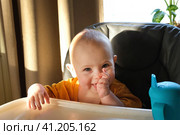 Toddler girl in a yellow T-shirt sits on a highchair and dines on biscuit. Little baby learning to eat on her own. Child eats with hands. Lunch at the baby in high chair. Baby sitting and smiling. Стоковое фото, фотограф Марина Демидюк / Фотобанк Лори