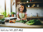 Little Girl Cutting Vegetables on Cutting Board. Стоковое AI-изображение, AI-художник Поликарпов Владимир Владимирович / Фотобанк Лори