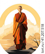 A Buddhist monk stands and meditates. Created by AI. Стоковое AI-изображение, AI-художник Ярославский Максим / Фотобанк Лори