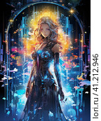 A cyber goddess emerging from her pixelated, psychedelic, digital space. Стоковое AI-изображение, AI-художник Ярославский Максим / Фотобанк Лори