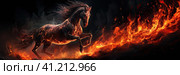 A black horse, a ghost, a flowing black mane, fierce, flaming red eyes, is engulfed in flames. Generated by AI. Стоковое AI-изображение, AI-художник Ярославский Максим / Фотобанк Лори