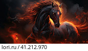 A black horse, a ghost, a flowing black mane, fierce, flaming red eyes, is engulfed in flames. Generated by AI. Стоковое AI-изображение, AI-художник Ярославский Максим / Фотобанк Лори