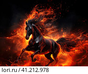 A black horse, a ghost, a flowing black mane, fierce, flaming red eyes, is engulfed in flames. Generated by AI. Стоковое AI-изображение, AI-художник Ярославский Максим / Фотобанк Лори