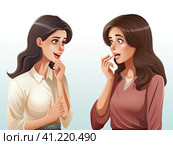 Two young girlfriends are discussing the news. Women's conversations. Generated by AI. Стоковое AI-изображение, AI-художник Ярославский Максим / Фотобанк Лори