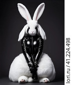 Белый пушистый кролик в костюме из черного латекса. White Fluffy Rabbit in a Black Latex Costume AI generated. Стоковое AI-изображение, AI-художник Алексей Траст / Фотобанк Лори