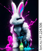 Белый пушистый кролик в костюме из черного латекса. White Fluffy Rabbit in a Black Latex Costume AI generated. Стоковое AI-изображение, AI-художник Алексей Траст / Фотобанк Лори