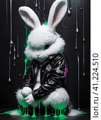 Белый пушистый кролик в костюме из черного латекса. White Fluffy Rabbit in a Black Latex Costume AI generated. Стоковое AI-изображение, AI-художник Алексей Траст / Фотобанк Лори