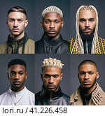 Stylish dreadlock hairstyles from the African American men's catalog. Стоковое AI-изображение, AI-художник Юрий Поздников / Фотобанк Лори