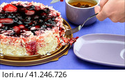 Beautiful delicious cake, fruit cheesecake with coconut shavings. High quality FullHD footage. Стоковое видео, видеограф Egor Sarantstv / Фотобанк Лори