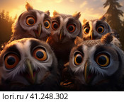 A group of owls. Стоковое AI-изображение, AI-художник Кирилл Черезов / Фотобанк Лори