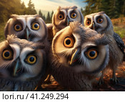 A group of owls. Стоковое AI-изображение, AI-художник Кирилл Черезов / Фотобанк Лори