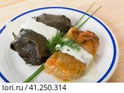 Cabbage rolls in leaves and grape rolls at plate with sour cream and greens. Стоковое фото, фотограф Яков Филимонов / Фотобанк Лори