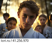 A group of teenage wrestlers in a kimono. Стоковое AI-изображение, AI-художник Кирилл Черезов / Фотобанк Лори