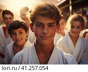 A group of teenage wrestlers in a kimono. Стоковое AI-изображение, AI-художник Кирилл Черезов / Фотобанк Лори