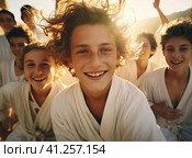 A group of teenage wrestlers in a kimono. Стоковое AI-изображение, AI-художник Кирилл Черезов / Фотобанк Лори