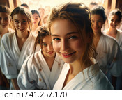 A group of teenage wrestlers in a kimono. Стоковое AI-изображение, AI-художник Кирилл Черезов / Фотобанк Лори