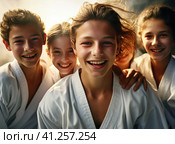 A group of teenage wrestlers in a kimono. Стоковое AI-изображение, AI-художник Кирилл Черезов / Фотобанк Лори