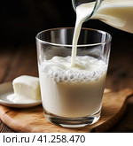 Fresh milk is poured into a clear glass glass. Generated by AI. Стоковое AI-изображение, AI-художник Ярославский Максим / Фотобанк Лори
