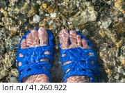 Женские ноги стопы и пальцы в синих шлепанцах в солёной воде на морских гладких камнях. Стоковое фото, фотограф Анна Иванова / Фотобанк Лори