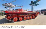 BMP-1 infantry fighting vehicle, painted in traditional Russian folk style, on the territory of the military-patriotic exhibition of military equipment Kamensk-Shakhstinsk, Patriot Park (2023) Редакционное фото, фотограф Анна Кривицкая / Фотобанк Лори
