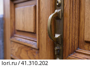 A massive double-leaf wooden door of an old house with a heavy bronze or brass handle. массивная двустворчатая деревянная дверь старого дома с тяжелой бронзовой или латунной ручкой. Стоковое фото, фотограф Дмитрий Березнев / Фотобанк Лори