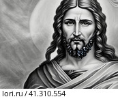 Jesus Christ, Jesus of Nazareth, a first-century Jewish preacher religious leader. The central figure of Christianity, the world largest religion. Incarnation of God the Son and the awaited messiah. Стоковое AI-изображение, AI-художник Юлия Петровская / Фотобанк Лори