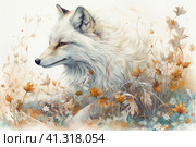 White fox among the grass in autumn, watercolor style, Generative AI. Стоковое AI-изображение, AI-художник Анна Кривицкая / Фотобанк Лори