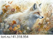 White fox among the grass in autumn, watercolor style, Generative AI. Стоковое AI-изображение, AI-художник Анна Кривицкая / Фотобанк Лори