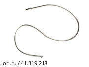 View from above. Sinusoid made of corrugated stainless steel shower hose with connectors on a white background. Стоковое фото, фотограф Сергей Долгов / Фотобанк Лори