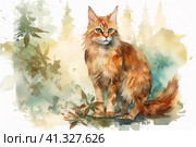 Somali Cat in the forest  watercolor style, Generative AI. Стоковое AI-изображение, AI-художник Анна Кривицкая / Фотобанк Лори
