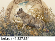 Wolf among the ornament, stylized picture of children's fairy tales, watercolor style, Generative AI. Стоковое AI-изображение, AI-художник Анна Кривицкая / Фотобанк Лори