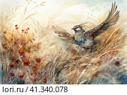 Bird in a field among autumn grass, watercolor style, Generative AI. Стоковое AI-изображение, AI-художник Анна Кривицкая / Фотобанк Лори