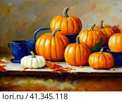 Decorative ornamental orange pumpkins. A jack-o'-lantern or jack o'lantern. Halloween or Hallowe'en, Allhalloween, All Hallows' Eve, or All Saints' Eve. Bright vegetable background - still life. Стоковое AI-изображение, AI-художник Юлия Петровская / Фотобанк Лори