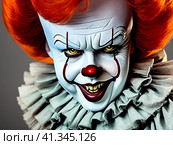 It is a shape-shifting monster, Pennywise the Clown. Appeared in the Universe. Terrible laughing grimace and evil eyes. Pennywise the Dancing Clown. Eats children and their fears. Sociopathy disease. Стоковое AI-изображение, AI-художник Юлия Петровская / Фотобанк Лори