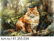 Somali Cat in the forest  watercolor style, Generative AI. Стоковое AI-изображение, AI-художник Анна Кривицкая / Фотобанк Лори