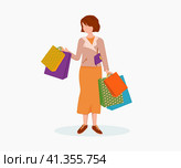 Shopping. Woman with paper bags in her hands. Стоковая иллюстрация, иллюстратор Екатерина Горбушина / Фотобанк Лори