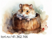 Hamster in a wooden barrel watercolor, illustration, watercolor style, Generative AI. Стоковое AI-изображение, AI-художник Анна Кривицкая / Фотобанк Лори